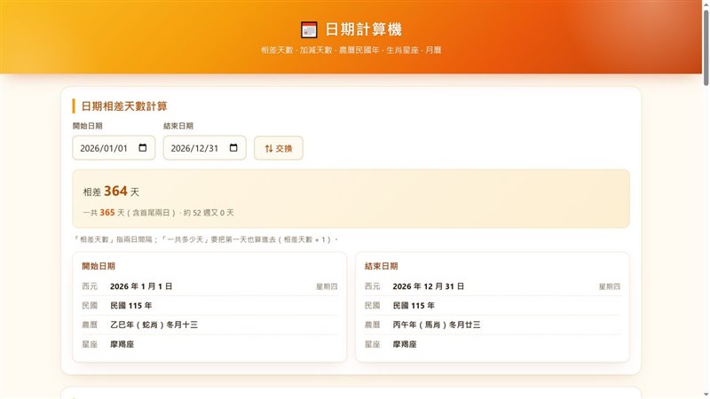 日期計算機計算 2026-01-01 到 2026-12-31 相差天數的結果